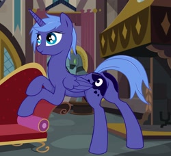 Size: 3346x3055 | Tagged: safe, artist:shadawg, character:princess luna, species:alicorn, species:pony, alternate hairstyle, fainting couch, female, high res, moonbutt, plot, short hair, solo