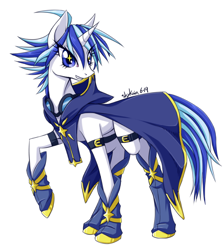 Size: 718x800 | Tagged: safe, artist:skykain, oc, oc only, oc:pole star, species:pony, species:unicorn, cape, clothing, female, mare, raised hoof, shoes, simple background, solo, starry eyes, white background, wingding eyes