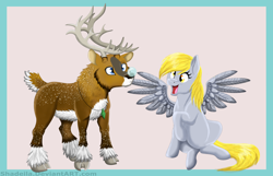 Size: 5720x3680 | Tagged: safe, artist:shadeila, character:derpy hooves, oc, oc:tyandaga, species:deer, species:pegasus, species:pony, species:reindeer, female, mare, non-pony oc