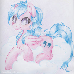 Size: 600x596 | Tagged: safe, artist:silvermoonbreeze, character:firefly, species:pegasus, species:pony, g1, cloud, cute, cutie mark, female, g1 to g4, generation leap, hooves, looking at you, lying on a cloud, mare, on a cloud, prone, smiling, solo, traditional art, wings