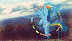 Size: 1920x1080 | Tagged: safe, artist:birthofthepheonix, artist:thegraid, character:rainbow dash, cloud, effects, floating, forest, irl, photo, ponies in real life, vector, wallpaper