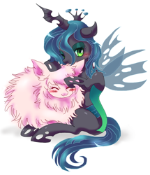 Size: 730x850 | Tagged: safe, artist:tsukuda, character:queen chrysalis, oc, oc:fluffle puff, ship:chrysipuff, blushing, canon x oc, cute, cutealis, eyes closed, female, hug, lesbian, pixiv, shipping, simple background, white background