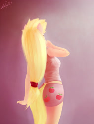 Size: 1800x2366 | Tagged: safe, artist:limchph2, character:applejack, species:anthro, clothing, eyes closed, female, from behind, morning ponies, panties, solo, stretching, tank top, underwear