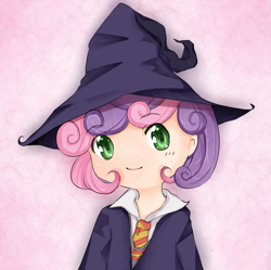 Size: 803x800 | Tagged: safe, artist:d-tomoyo, character:sweetie belle, species:human, clothing, crossover, female, gryffindor, harry potter, hat, humanized, solo, wizard, wizard hat