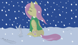 Size: 4400x2550 | Tagged: safe, artist:megaanimationfan, character:angel bunny, character:fluttershy, bottomless, clothing, digital art, eyes closed, folded wings, green sweater, it's a pony kind of christmas, looking up, night, outdoors, partial nudity, pink hair, pink mane, pink tail, profile, relaxed, signature, sitting, smiling, snow, snowfall, sweater, sweatershy, yellow coat