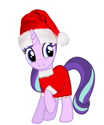 Size: 5000x6003 | Tagged: safe, artist:sunsetshimmer333, character:starlight glimmer, species:pony, species:unicorn, absurd resolution, clothing, cute, female, glimmerbetes, hat, mare, raised hoof, santa costume, santa hat, smiling, solo