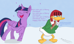 Size: 4225x2550 | Tagged: safe, artist:megaanimationfan, character:twilight sparkle, character:twilight sparkle (alicorn), species:alicorn, species:pony, annoyed, clothing, crossover, disney, donald duck, female, grimace, it's a pony kind of christmas, mare, signature, singing, snow, we wish you a merry christmas
