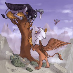 Size: 1500x1500 | Tagged: safe, artist:hieronymuswhite, character:gilda, character:irma, species:griffon, feather, mountain, nest, tree
