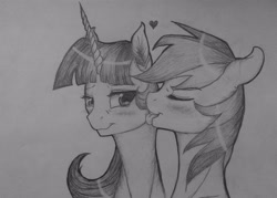 Size: 2902x2073 | Tagged: safe, artist:themoonraven, character:rainbow dash, character:twilight sparkle, species:pegasus, species:pony, ship:twidash, blushing, eyes closed, female, floppy ears, heart, lesbian, licking, mare, monochrome, shipping, tongue out, traditional art