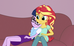Size: 1200x750 | Tagged: safe, artist:bootsyslickmane, character:sunset shimmer, character:twilight sparkle, character:twilight sparkle (scitwi), species:eqg human, fanfic:the shadowbolts adventures, ship:scitwishimmer, ship:sunsetsparkle, equestria girls:friendship games, g4, my little pony: equestria girls, my little pony:equestria girls, alternate costumes, alternate hairstyle, clothing, couch, cuddling, fanfic, fanfic art, female, glasses, lesbian, shipping, snuggling