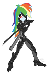 Size: 1341x1986 | Tagged: safe, artist:e-e-r, character:rainbow dash, my little pony:equestria girls, crossover, cyborg, female, metal gear, metal gear rising, raiden, simple background, solo, sword, transparent background, weapon