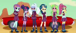 Size: 2540x1100 | Tagged: safe, artist:bootsyslickmane, character:indigo zap, character:lemon zest, character:sour sweet, character:sugarcoat, character:sunny flare, character:twilight sparkle, character:twilight sparkle (scitwi), species:eqg human, fanfic:the shadowbolts adventures, equestria girls:friendship games, g4, my little pony: equestria girls, my little pony:equestria girls, adoraflare, arm behind back, car, chevrolet, chevrolet impala, clothing, cloud, crystal prep academy, crystal prep academy uniform, crystal prep shadowbolts, cute, desert, fanfic, fanfic art, glasses, goggles, headphones, high heels, leggings, looking at you, pigtails, ponytail, redesign, school uniform, shadow five, shadow six, shoes, skirt, smiling, smirk, socks, sourbetes, sugarcute, twiabetes, zapabetes, zestabetes