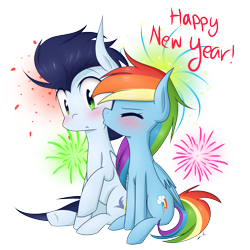 Size: 2800x2800 | Tagged: safe, artist:littlecloudie, character:rainbow dash, character:soarin', species:pony, ship:soarindash, backwards cutie mark, blushing, female, fireworks, happy new year, kissing, male, new year, shipping, simple background, straight, transparent background