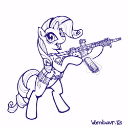Size: 3000x3000 | Tagged: safe, artist:vombavr, character:rarity, species:pony, aimpoint, ar15, bipedal, female, gun, hoof hold, larue tactical, magic, magpul, monochrome, open mouth, picatinny rail, ponies with guns, reflex sight, rifle, smiling, solo, telekinesis, wahaha, weapon