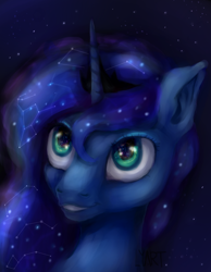 Size: 1164x1500 | Tagged: source needed, safe, artist:lya, character:princess luna, species:alicorn, species:pony, constellation, crown, digital art, ethereal mane, female, galaxy mane, grin, happy, horn, little dipper, looking up, mare, orion (constellation), portrait, royalty, solo, starry eyes, starry night, stars, ursa minor (constellation)