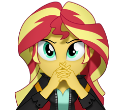 Size: 1400x1209 | Tagged: safe, artist:bootsyslickmane, character:sunset shimmer, my little pony:equestria girls, clothing, female, gendo pose, leather jacket, looking at you, simple background, solo, transparent background