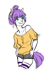 Size: 700x1049 | Tagged: safe, artist:lya, oc, oc only, oc:tetra, species:anthro, species:earth pony, species:pony, anthro oc, clothing, female, illustration, kezsüel, mare, purple hair, roleplay, roleplay illustration, rp, shorts, socks, solo, stockings, striped socks