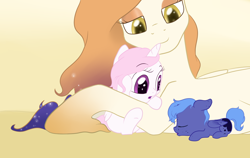 Size: 2838x1792 | Tagged: safe, artist:kaleysia, character:princess celestia, character:princess luna, oc, oc:queen eternita, species:pony, baby, baby luna, baby pony, cewestia, cute, female, filly, filly celestia, freckles, mother and daughter, newborn, pink-mane celestia, prone, sleeping, sweet dreams fuel, woona, younger