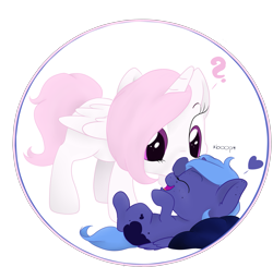 Size: 4635x4539 | Tagged: safe, artist:kaleysia, character:princess celestia, character:princess luna, species:pony, absurd resolution, baby, baby luna, baby pony, boop, cewestia, cute, cutelestia, female, filly, filly celestia, heart, lunabetes, pink-mane celestia, question mark, sweet dreams fuel, unsound effect, woona, younger