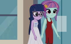 Size: 1600x1000 | Tagged: safe, artist:bootsyslickmane, character:sunny flare, character:twilight sparkle, character:twilight sparkle (scitwi), species:eqg human, fanfic:the shadowbolts adventures, equestria girls:friendship games, g4, my little pony: equestria girls, my little pony:equestria girls, alternate costumes, alternate hairstyle, city, clothing, cutie mark, dress, earring, easter egg, fanfic, fanfic art, glasses, loose hair, piercing, shipping, smiling, twiflare