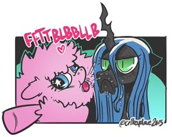 Size: 700x558 | Tagged: safe, artist:crikeydave, character:queen chrysalis, oc, oc:fluffle puff, species:changeling, species:pony, :<, derp, duo, frown, heart, onomatopoeia, pfft, raspberry, raspberry noise, spit, unamused