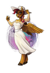 Size: 691x1000 | Tagged: safe, artist:lya, oc, oc only, oc:muzzle, species:anthro, species:pegasus, species:pony, anthro oc, braided tail, clothing, colored, dress, female, flower, full body, hat, kezsüel, lace, roleplay, rp, simple background, solo, standing, white dress