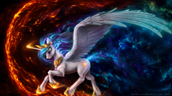 Size: 1925x1080 | Tagged: safe, artist:bra1neater, character:princess celestia, big wings, epic, female, fluffy, running, solo, spread wings, unshorn fetlocks, wings