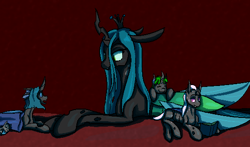 Size: 540x318 | Tagged: safe, artist:graytr, character:queen chrysalis, oc, oc:bucketling, oc:spotted record, oc:synch, species:changeling, species:pony, changeling queen, cute, cutealis, cuteling, female, mare, mommy chrissy, nymph, purple changeling, size difference