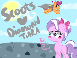 Size: 2000x1501 | Tagged: safe, artist:artypaints, character:diamond tiara, character:scootaloo, species:pegasus, species:pony, alternate hairstyle, blushing, bow, dialogue, female, flying, hair bow, heart, lesbian, scootiara, shipping, valentine's day