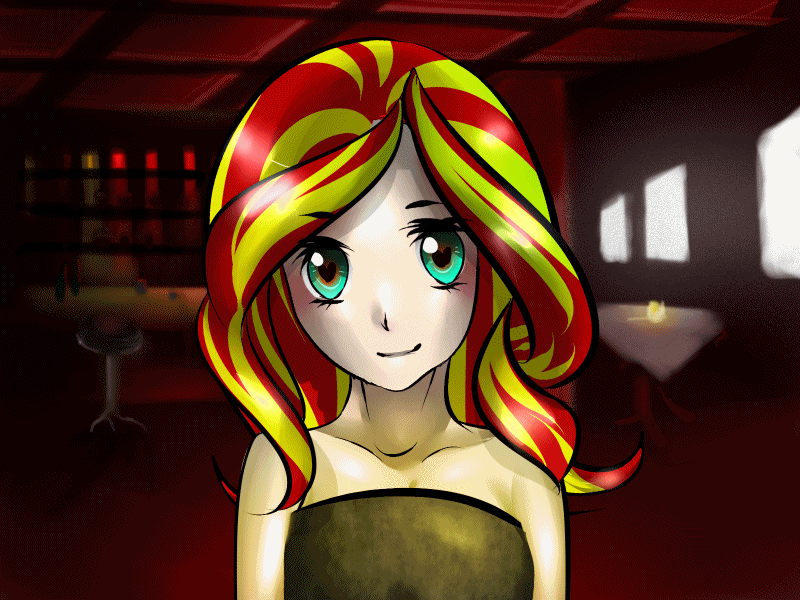 Size: 800x600 | Tagged: safe, artist:monochromacat, character:sunset shimmer, my little pony:equestria girls, animated, bar, beautiful, blushing, clothing, date, date night, female, flower, heart eyes, human coloration, looking at you, romance, rose, smiling, solo, valentine, valentine's day, when she smiles, wingding eyes