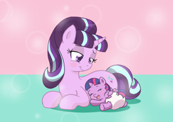 Size: 1248x883 | Tagged: safe, artist:artiecanvas, character:starlight glimmer, character:twilight sparkle, character:twilight sparkle (alicorn), species:alicorn, species:pony, :t, age regression, artiecanvas is trying to murder us, baby, baby pony, babylight sparkle, cute, diaper, eyes closed, female, foal, glimmerdoption, hug, mama starlight, mare, momlight glimmer, open mouth, poofy diaper, prone, smiling, this will end in timeline distortion, twiabetes, xk-class end-of-the-world scenario