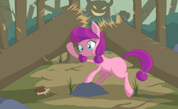 Size: 3800x2322 | Tagged: safe, artist:janji009, character:lily longsocks, species:earth pony, species:pony, background pony, behind you, blank flank, bush, claw marks, cute, destruction, female, filly, forest, hedgehog, imminent cutiespark, imminent fight, missing cutie mark, monster, origins, rock, scared, strong, super strength, tree, trembling