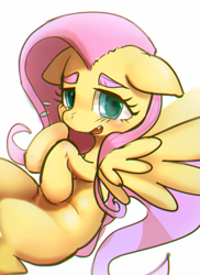 Size: 433x596 | Tagged: safe, artist:youhoujou, character:fluttershy, colored eyebrows, eyebrows, female, looking at you, solo, spread wings, wings