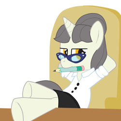 Size: 650x650 | Tagged: safe, artist:lion-grey, oc, oc only, oc:short fuse, arms from behind, clothing, crossed legs, glasses, hoofs on table, mouth hold, pencil, secretary, shirt, sit, skirt, solo, welcome home twilight