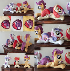 Size: 2000x2023 | Tagged: safe, artist:adamlhumphreys, character:apple bloom, character:scootaloo, character:sweetie belle, species:pegasus, species:pony, beanie (plushie), commission, cutie mark, cutie mark crusaders, irl, missing accessory, photo, plushie, the cmc's cutie marks