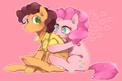 Size: 1024x680 | Tagged: safe, artist:chi-hayu, character:cheese sandwich, character:pinkie pie, species:earth pony, species:pony, ship:cheesepie, blushing, clothing, female, heart, hug, male, mare, open mouth, pink background, shipping, simple background, stallion, straight
