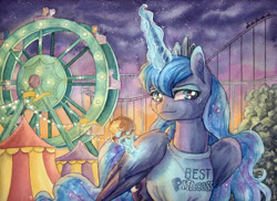 Size: 1024x744 | Tagged: safe, artist:the-wizard-of-art, character:fluttershy, character:princess luna, character:scootaloo, character:sweetie belle, species:alicorn, species:pegasus, species:pony, best princess, carnival, clothing, commission, female, ferris wheel, magic, magic shirt, mare, truth