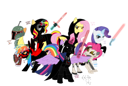 Size: 6241x4185 | Tagged: safe, artist:e-e-r, character:applejack, character:fluttershy, character:pinkie pie, character:rainbow dash, character:rarity, character:sunset shimmer, character:twilight sparkle, character:twilight sparkle (alicorn), species:alicorn, species:pony, absurd resolution, boba fett, count dooku, crossguard lightsaber, crossover, dark side, darth maul, darth vader, emperor palpatine, female, general grievous, kylo ren, lightsaber, mane six, mare, simple background, sith, star wars, transparent background, twilight is anakin, weapon