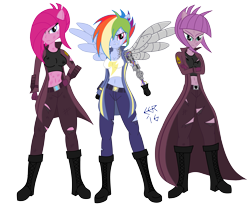 Size: 3939x3224 | Tagged: safe, artist:e-e-r, character:maud pie, character:pinkamena diane pie, character:pinkie pie, character:rainbow dash, episode:the cutie re-mark, my little pony:equestria girls, alternate timeline, apinkalypse pie, apocalypse dash, apocalypse maud, augmented, badass, badass longcoat, belly button, cleavage, clothing, crystal war timeline, female, longcoat, midriff, ponied up, prosthetic limb, prosthetic wing, prosthetics, simple background, transparent background
