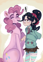 Size: 2100x3000 | Tagged: dead source, safe, artist:mili-kat, character:pinkie pie, species:earth pony, species:human, species:pony, biting, crossover, exclamation point, hair bite, nom, small head, vanellope von schweetz, wreck-it ralph