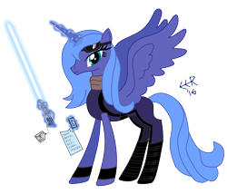 Size: 2798x2400 | Tagged: safe, artist:e-e-r, character:princess luna, bodysuit, clothing, crossover, dark side, female, filly, frown, glare, goggles, levitation, lightsaber, magic, mara jade, scarf, simple background, solo, spread wings, star wars, star wars expanded universe, telekinesis, transparent background, weapon, wings