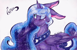 Size: 3508x2279 | Tagged: safe, artist:mscolorsplash, character:princess luna, female, floppy ears, simple background, solo, traditional art, wink