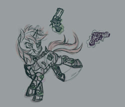 Size: 800x686 | Tagged: safe, artist:lya, oc, oc only, oc:blackjack, species:pony, species:unicorn, fallout equestria, fallout equestria: project horizons, augmented, biohacking, cyber legs, cyborg, fanfic, fanfic art, female, glowing horn, grin, gun, hooves, horn, levitation, magic, mare, revolver, running, simple background, sketch, smiling, solo, telekinesis, weapon, white background