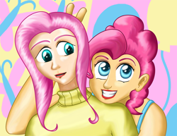 Size: 1000x773 | Tagged: safe, artist:syggie, character:fluttershy, character:pinkie pie, species:human, clothing, humanized, sweater, sweatershy, uncanny valley