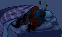 Size: 490x292 | Tagged: safe, artist:graytr, oc, oc only, oc:losian, oc:synch, species:changeling, bed, cuddling, female, heart, interspecies, lonch, male, snuggling, straight