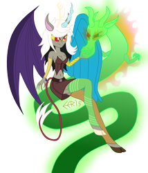 Size: 3000x3510 | Tagged: safe, artist:e-e-r, character:discord, oc:eris, my little pony:equestria girls, belly button, cleavage, clothing, equestria girls-ified, female, garter, garters, magic, midriff, ponied up, rule 63, simple background, skirt, spirit, transparent background