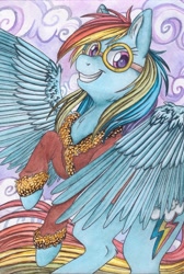 Size: 1568x2333 | Tagged: safe, artist:pony-paint, character:rainbow dash, aviator glasses, clothing, female, flying, jacket, solo, traditional art