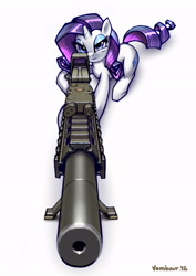 Size: 1995x2821 | Tagged: dead source, safe, artist:vombavr, character:rarity, species:pony, species:unicorn, an/peq-15, ar15, cutie mark, eotech, female, gun, holographic sight, hooves, horn, looking at you, lying down, mare, picatinny rail, rifle, signature, simple background, sniper, sniper rifle, solo, suppressor, weapon, white background