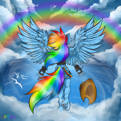 Size: 3000x3000 | Tagged: safe, artist:mimy92sonadow, character:rainbow dash, species:anthro, species:bird, species:unguligrade anthro, applejack's hat, clothing, cloud, female, fingerless gloves, flying, from behind, gloves, hat, rear view, shorts, signature, sky, solo, text, underhoof