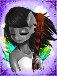 Size: 1200x1600 | Tagged: safe, artist:monochromacat, character:octavia melody, species:anthro, species:human, cello, cleavage, clothing, dress, eyes closed, female, humanized, musical instrument, signature, solo